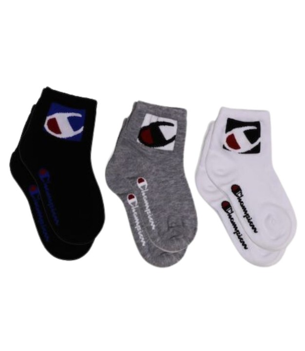 Champion Crew C Logo Kids Socks, 3-Pack, Black/Grey/White