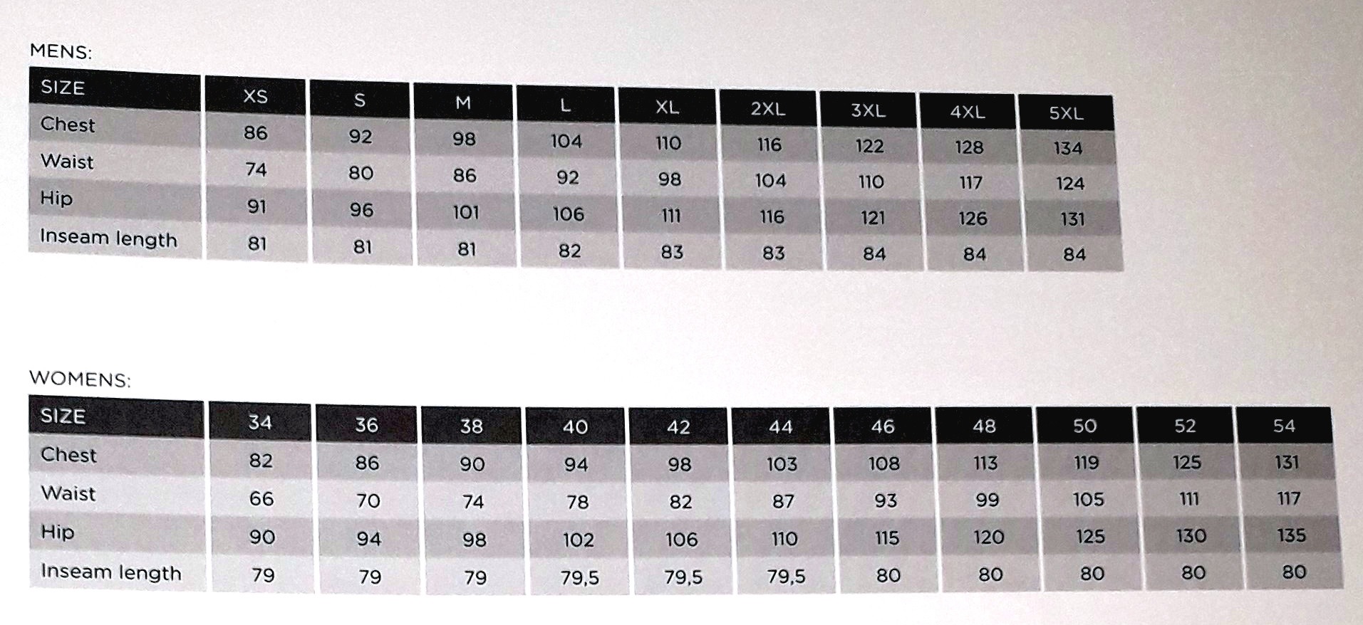 Endurance Size Chart