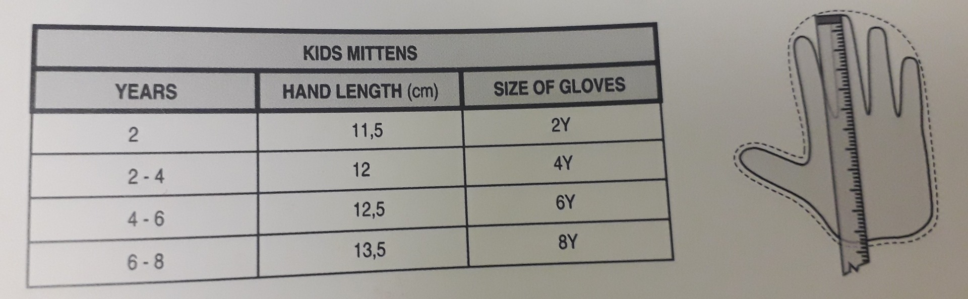 Relax Kids Mitten Size Chart
