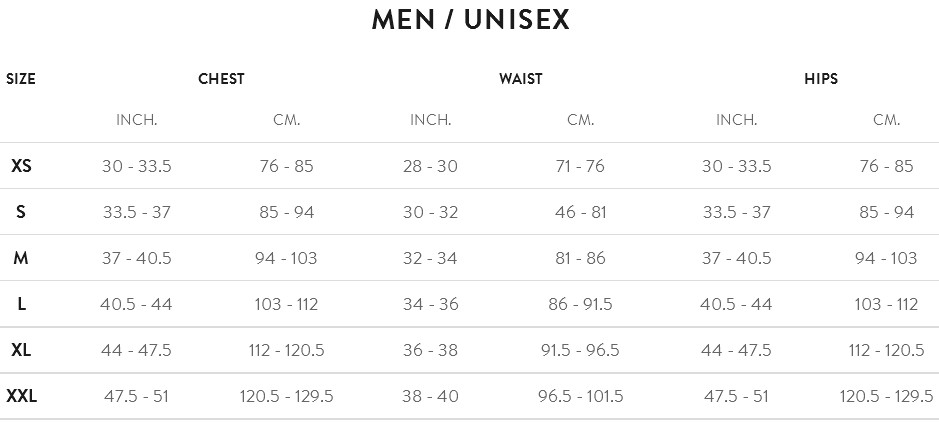 Orca apparel size chart