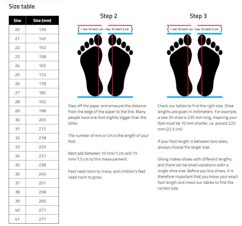 Viking Kids' Shoes Size Chart
